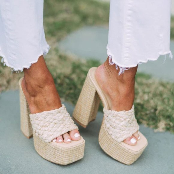 Cape Robbin Shoes - NEW🔥 Natural Raffia Open Toe Chunky Platform Sky High Heel Sandal Mules Slip-On